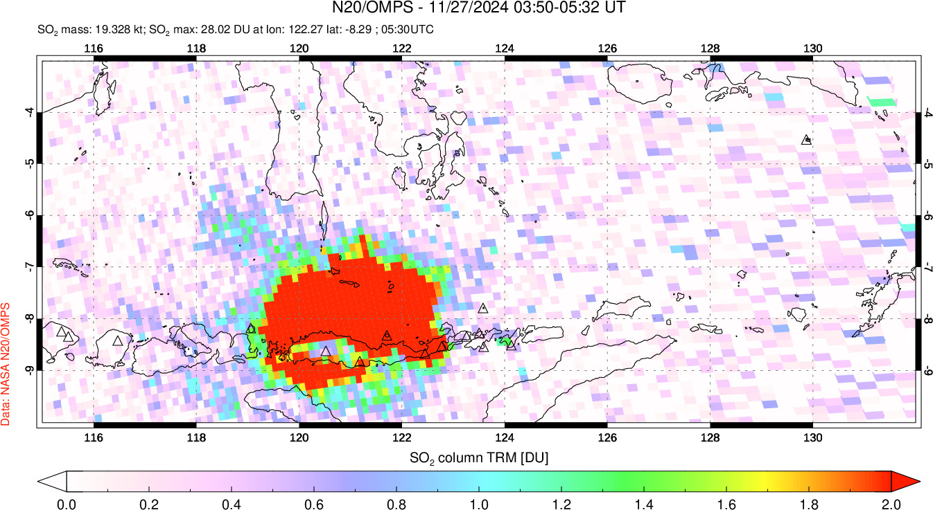 A sulfur dioxide image over Lesser Sunda Islands, Indonesia on Nov 27, 2024.