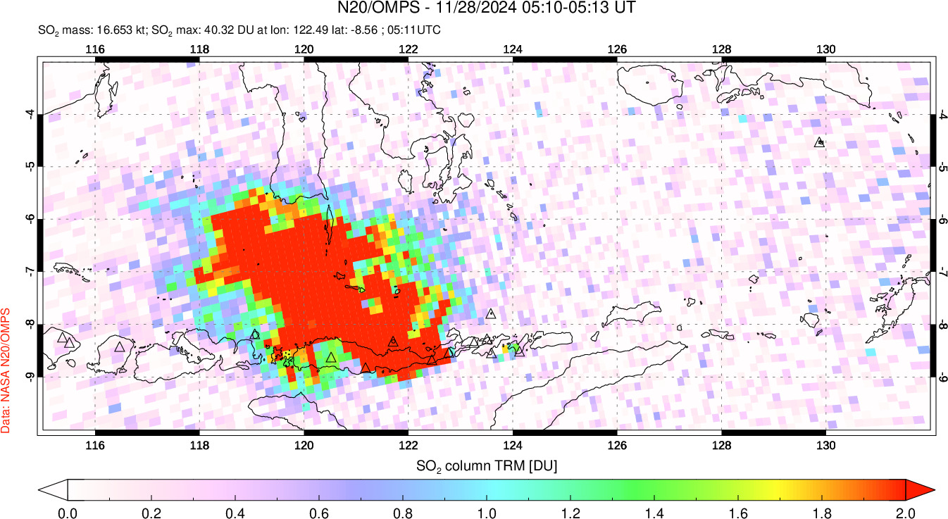 A sulfur dioxide image over Lesser Sunda Islands, Indonesia on Nov 28, 2024.