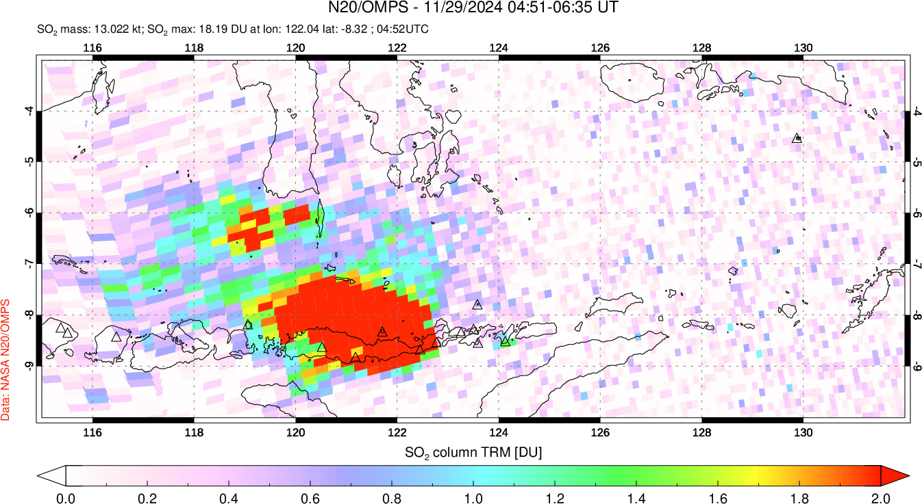 A sulfur dioxide image over Lesser Sunda Islands, Indonesia on Nov 29, 2024.