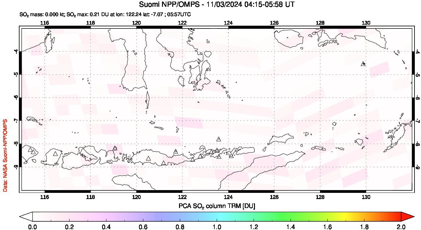 A sulfur dioxide image over Lesser Sunda Islands, Indonesia on Nov 03, 2024.