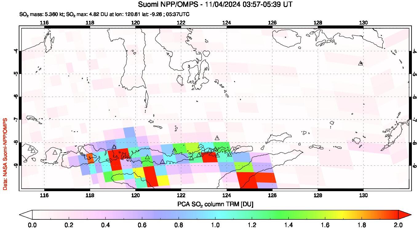 A sulfur dioxide image over Lesser Sunda Islands, Indonesia on Nov 04, 2024.