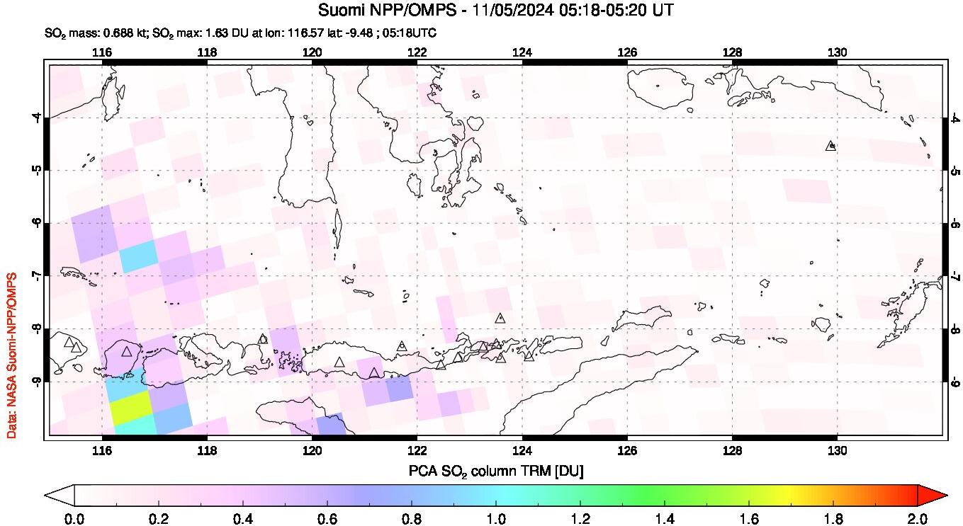 A sulfur dioxide image over Lesser Sunda Islands, Indonesia on Nov 05, 2024.