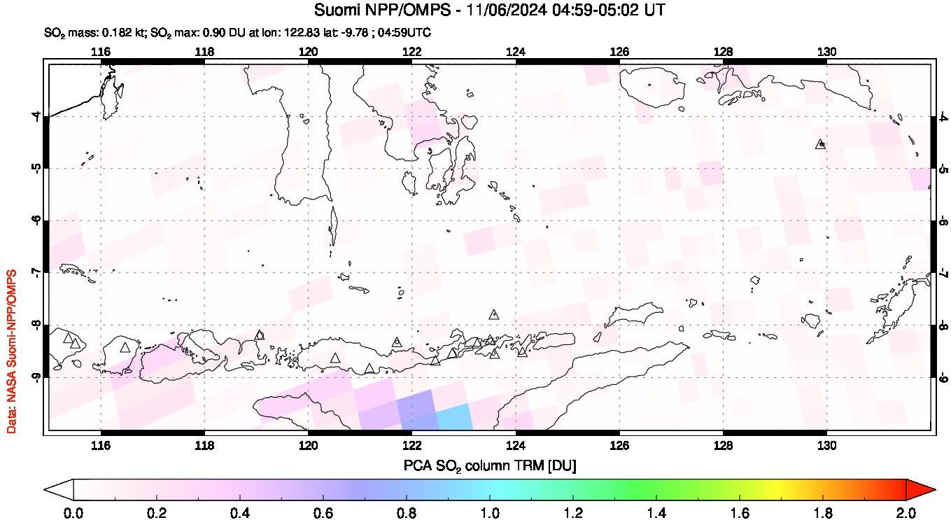 A sulfur dioxide image over Lesser Sunda Islands, Indonesia on Nov 06, 2024.