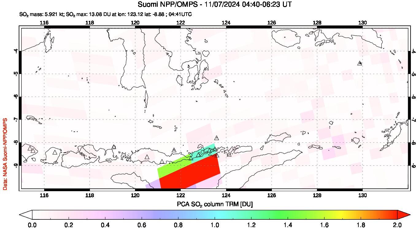 A sulfur dioxide image over Lesser Sunda Islands, Indonesia on Nov 07, 2024.