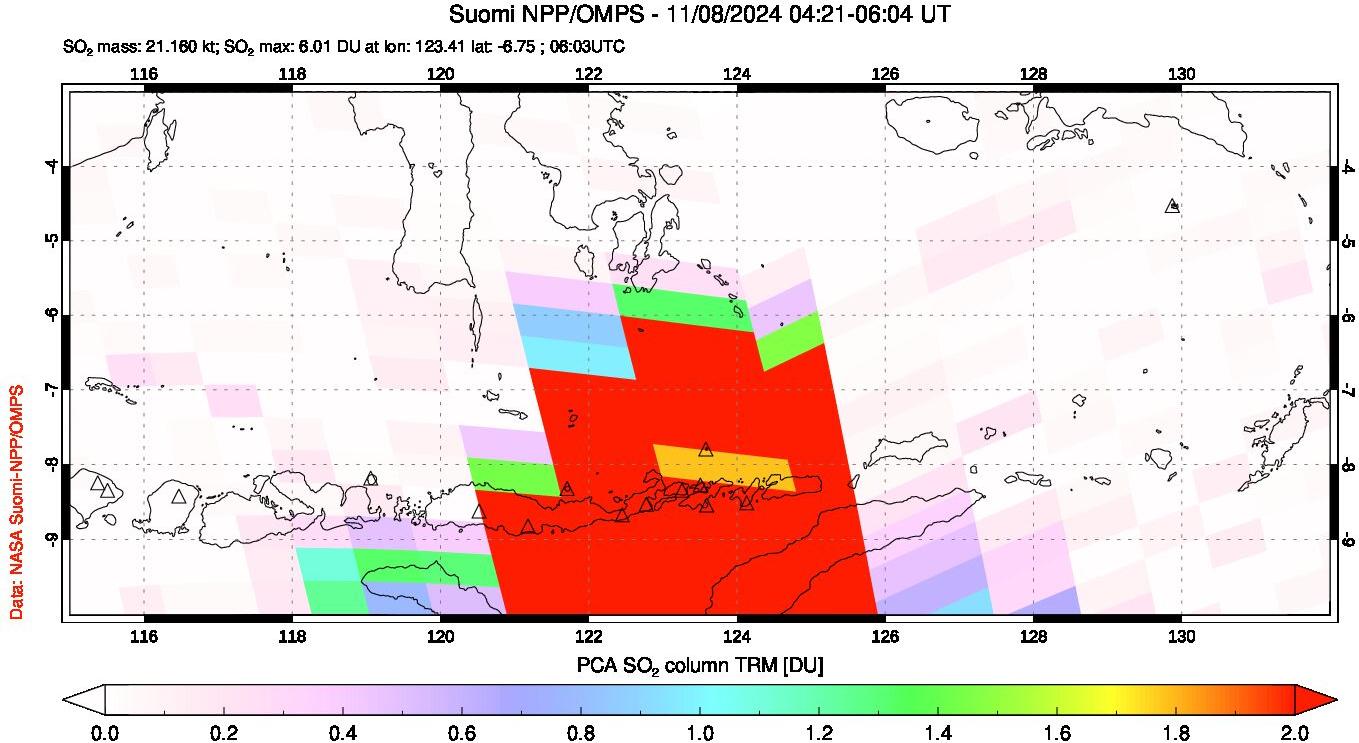 A sulfur dioxide image over Lesser Sunda Islands, Indonesia on Nov 08, 2024.