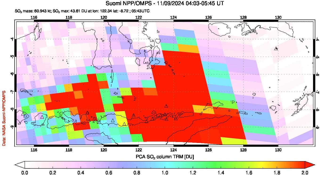 A sulfur dioxide image over Lesser Sunda Islands, Indonesia on Nov 09, 2024.