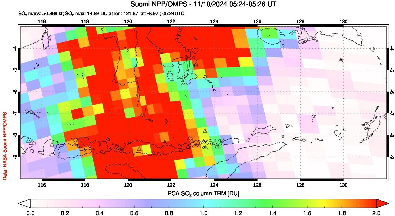 A sulfur dioxide image over Lesser Sunda Islands, Indonesia on Nov 10, 2024.