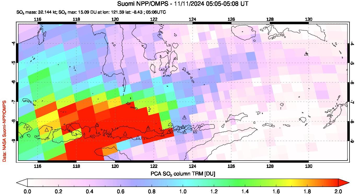 A sulfur dioxide image over Lesser Sunda Islands, Indonesia on Nov 11, 2024.