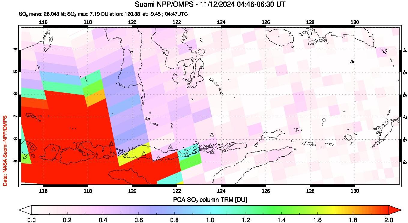 A sulfur dioxide image over Lesser Sunda Islands, Indonesia on Nov 12, 2024.