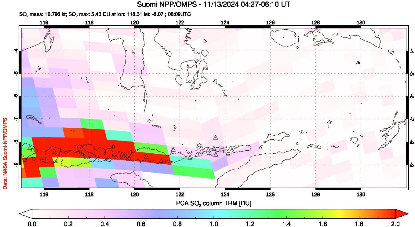 A sulfur dioxide image over Lesser Sunda Islands, Indonesia on Nov 13, 2024.