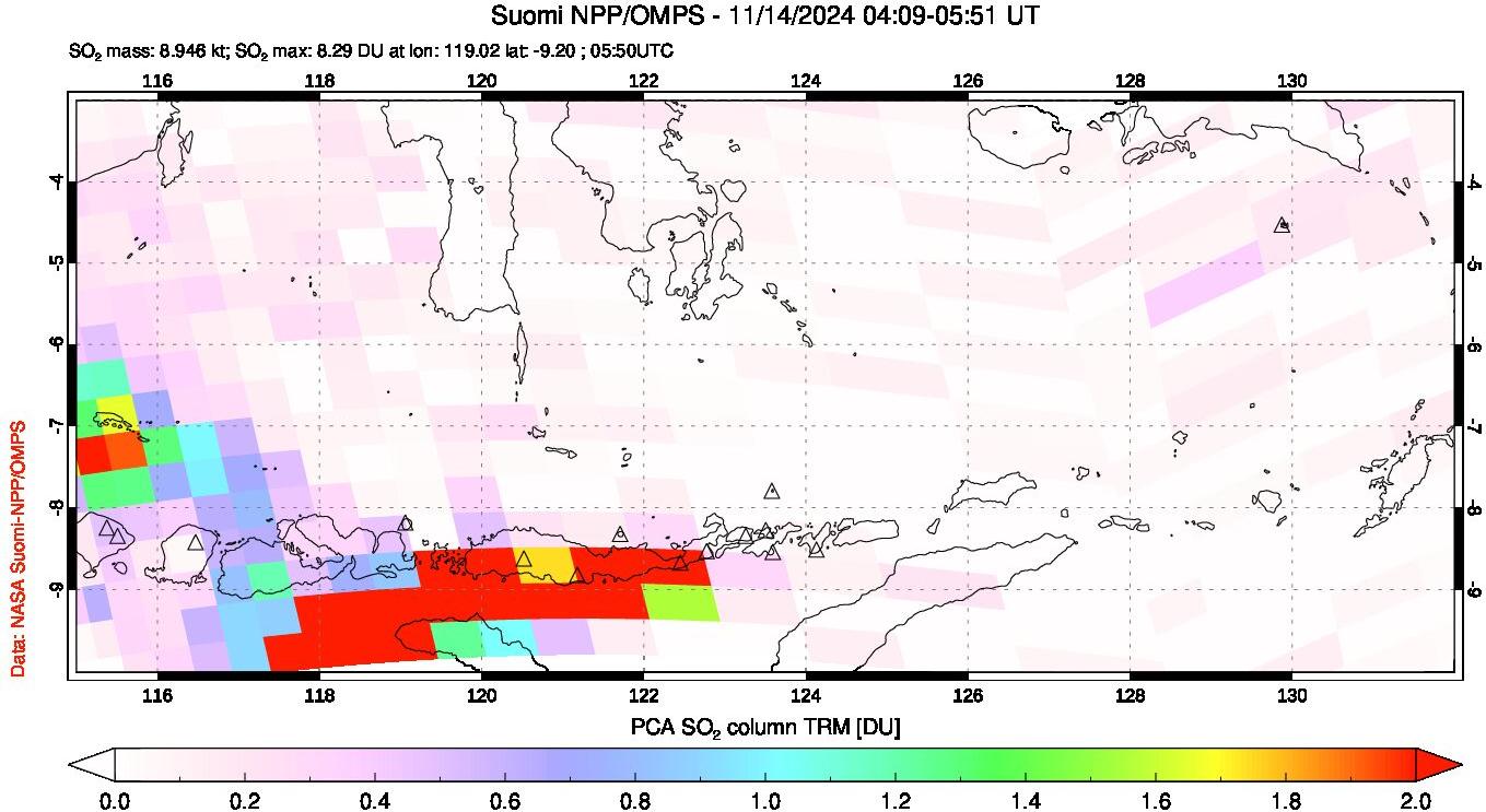 A sulfur dioxide image over Lesser Sunda Islands, Indonesia on Nov 14, 2024.