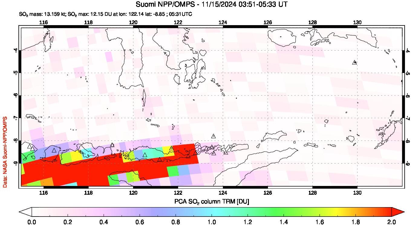 A sulfur dioxide image over Lesser Sunda Islands, Indonesia on Nov 15, 2024.