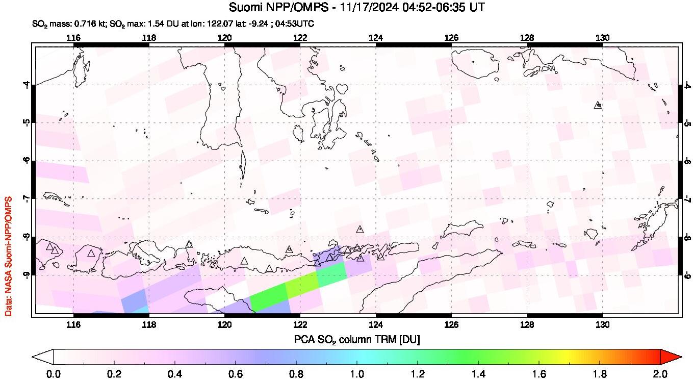 A sulfur dioxide image over Lesser Sunda Islands, Indonesia on Nov 17, 2024.