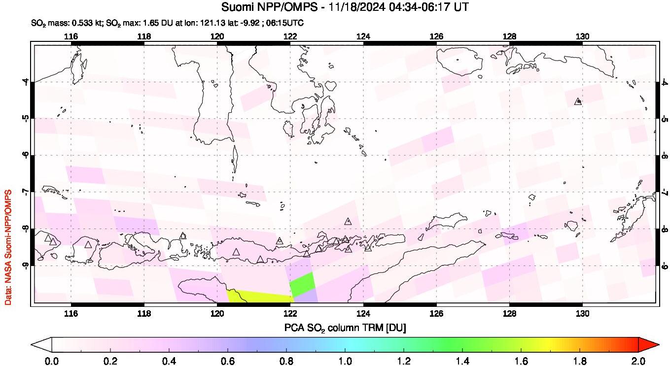 A sulfur dioxide image over Lesser Sunda Islands, Indonesia on Nov 18, 2024.