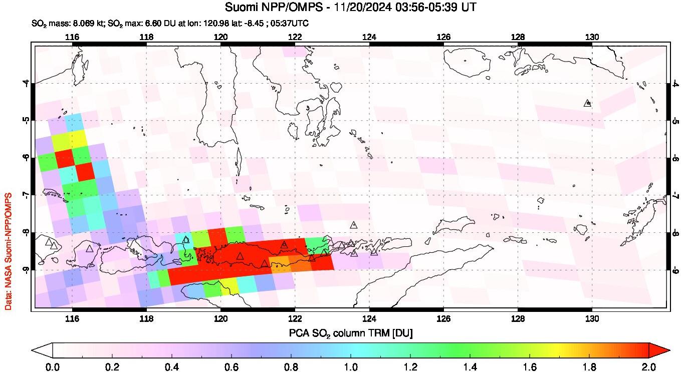 A sulfur dioxide image over Lesser Sunda Islands, Indonesia on Nov 20, 2024.