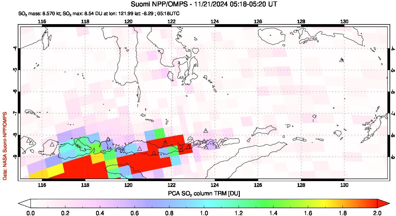 A sulfur dioxide image over Lesser Sunda Islands, Indonesia on Nov 21, 2024.