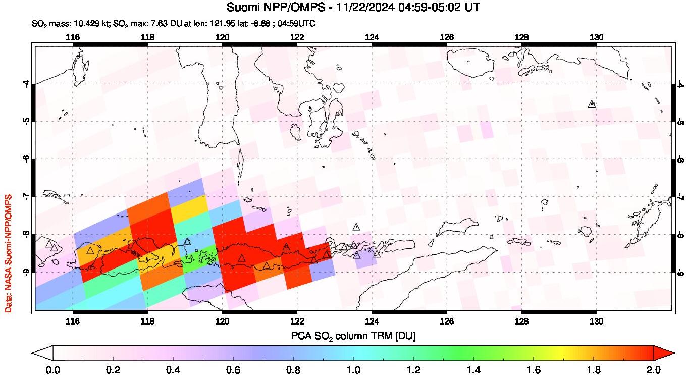 A sulfur dioxide image over Lesser Sunda Islands, Indonesia on Nov 22, 2024.