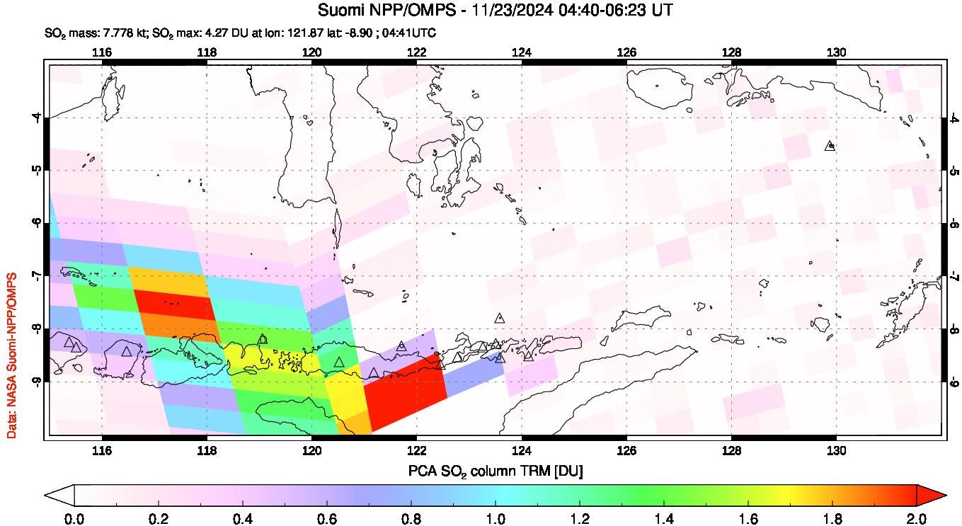 A sulfur dioxide image over Lesser Sunda Islands, Indonesia on Nov 23, 2024.