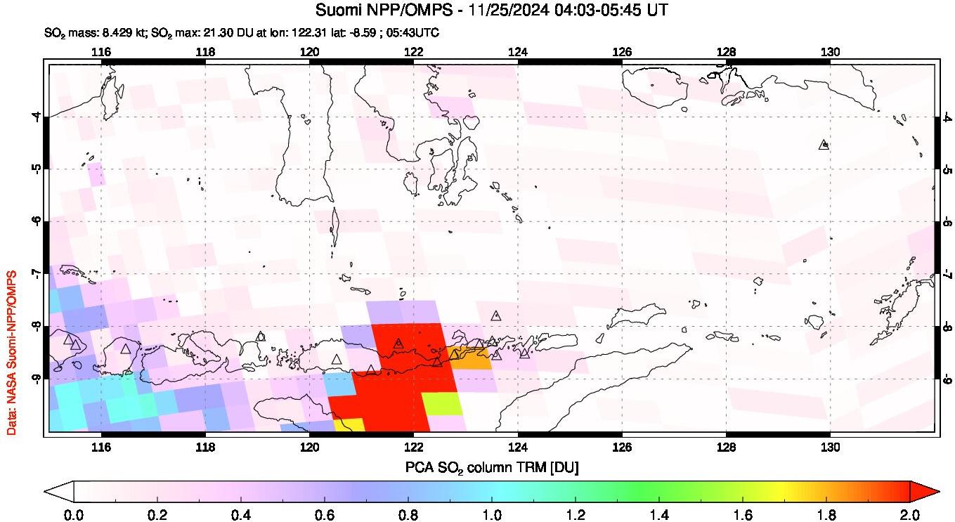 A sulfur dioxide image over Lesser Sunda Islands, Indonesia on Nov 25, 2024.