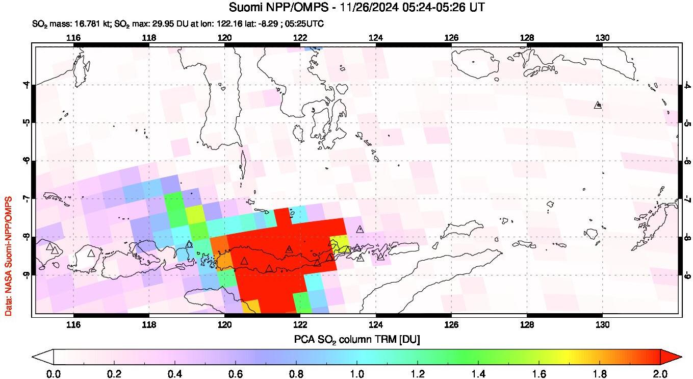 A sulfur dioxide image over Lesser Sunda Islands, Indonesia on Nov 26, 2024.