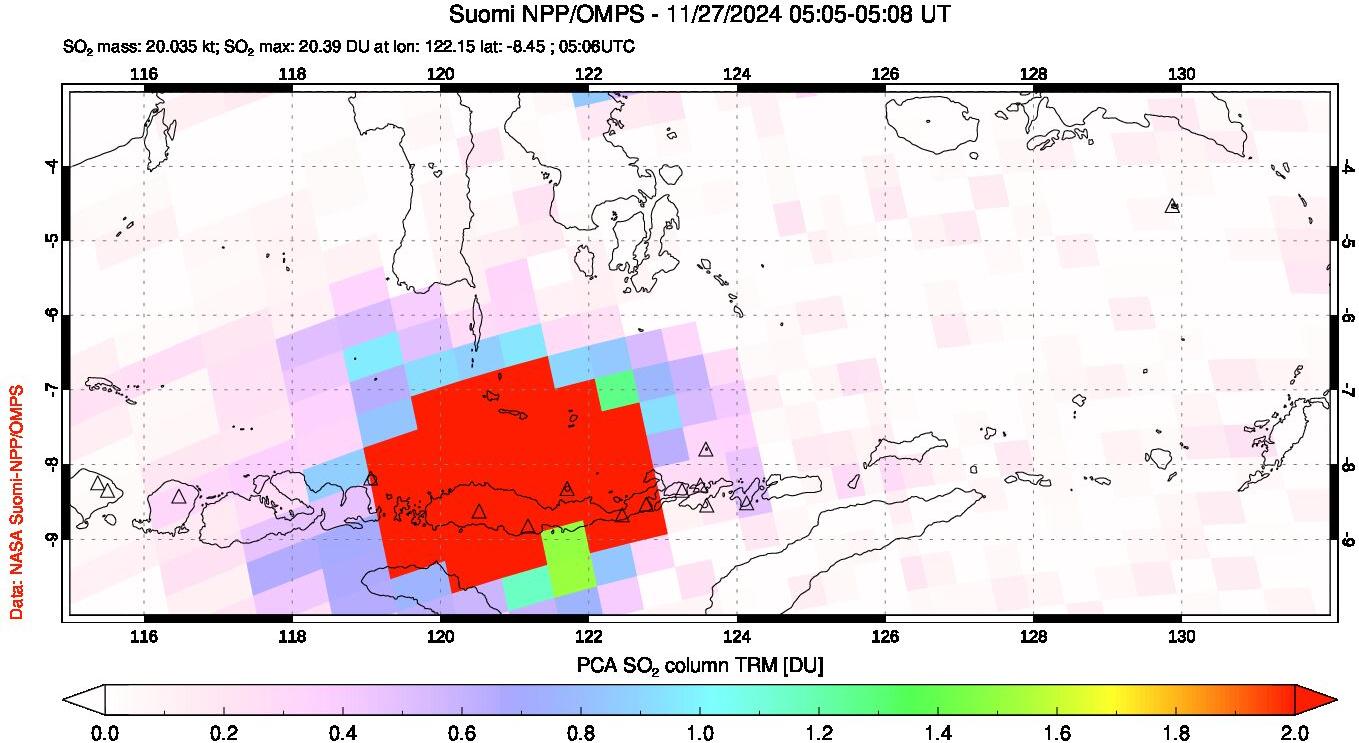 A sulfur dioxide image over Lesser Sunda Islands, Indonesia on Nov 27, 2024.