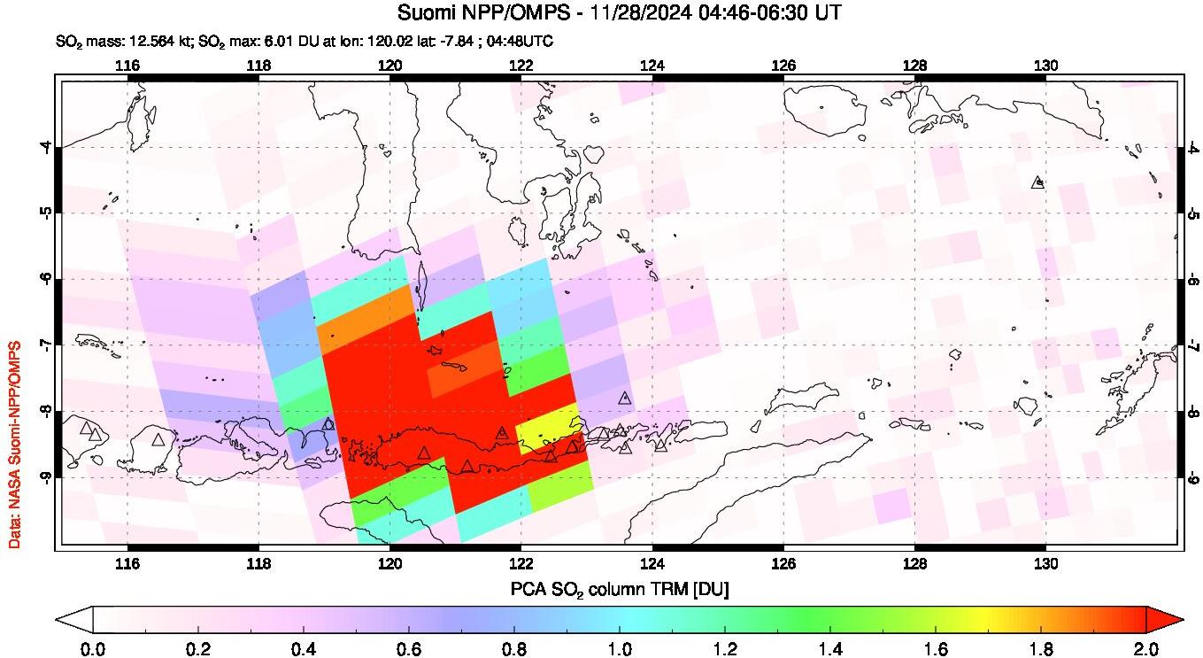 A sulfur dioxide image over Lesser Sunda Islands, Indonesia on Nov 28, 2024.