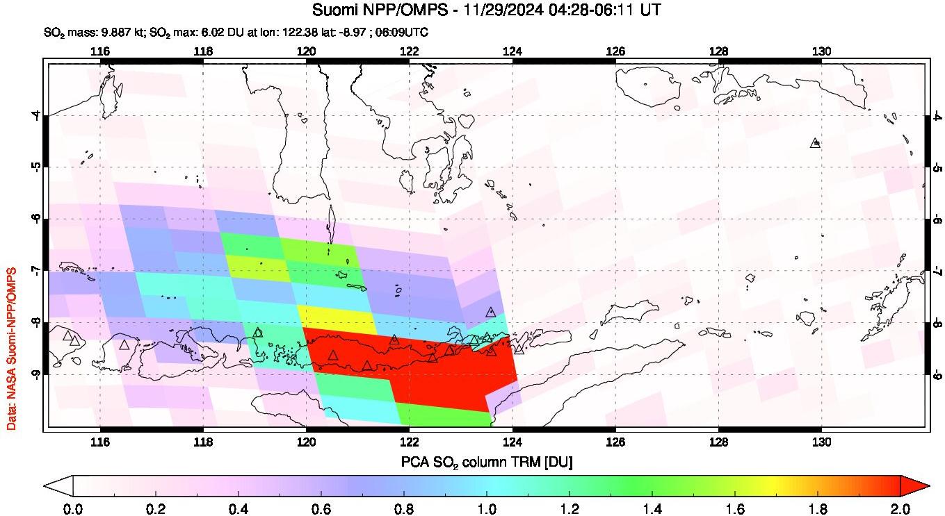 A sulfur dioxide image over Lesser Sunda Islands, Indonesia on Nov 29, 2024.