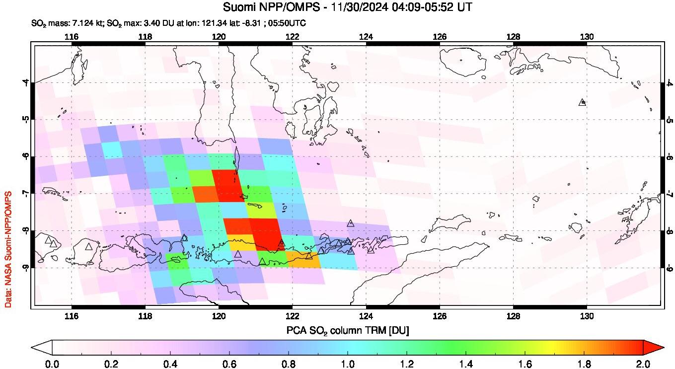 A sulfur dioxide image over Lesser Sunda Islands, Indonesia on Nov 30, 2024.