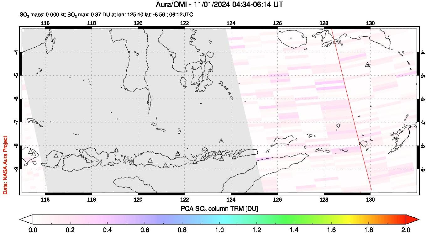 A sulfur dioxide image over Lesser Sunda Islands, Indonesia on Nov 01, 2024.