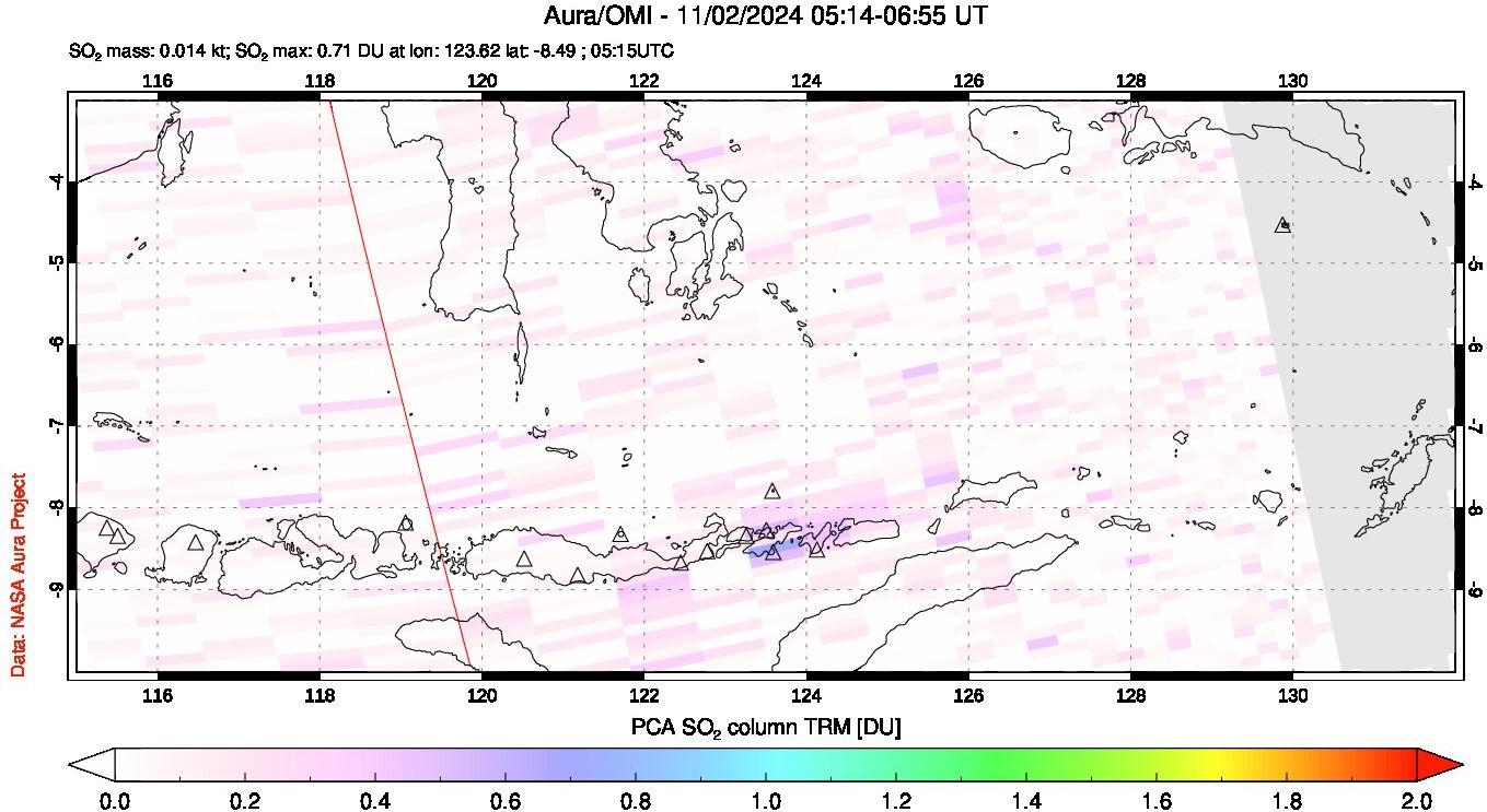 A sulfur dioxide image over Lesser Sunda Islands, Indonesia on Nov 02, 2024.