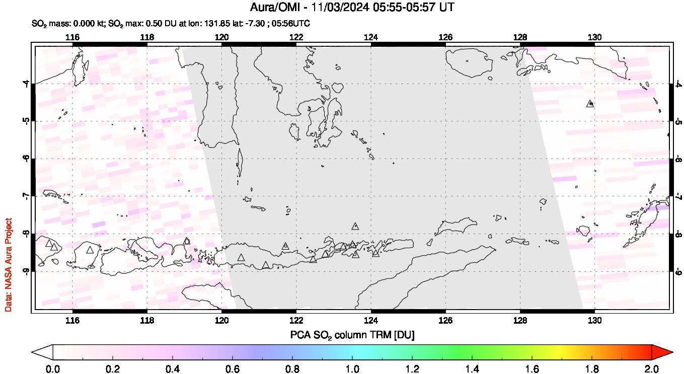 A sulfur dioxide image over Lesser Sunda Islands, Indonesia on Nov 03, 2024.