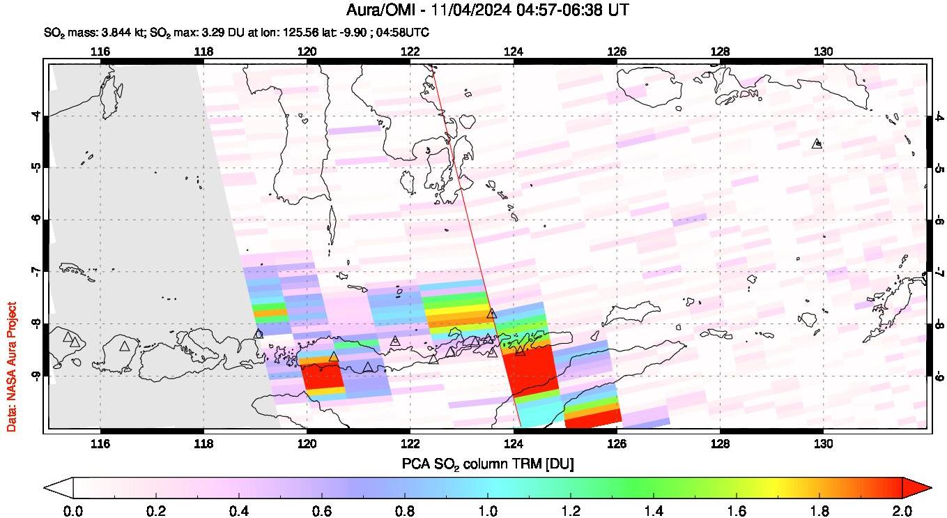 A sulfur dioxide image over Lesser Sunda Islands, Indonesia on Nov 04, 2024.