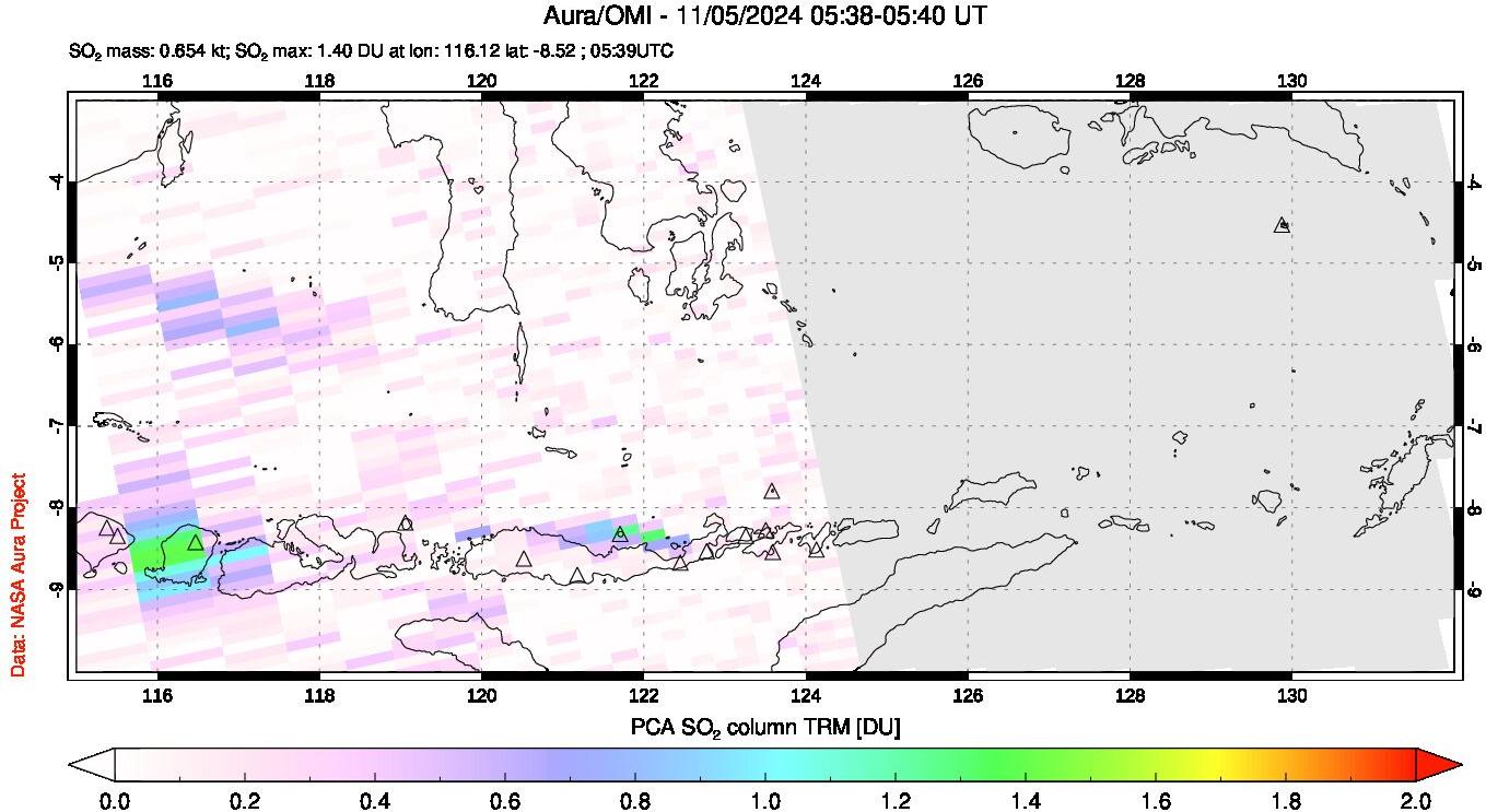 A sulfur dioxide image over Lesser Sunda Islands, Indonesia on Nov 05, 2024.