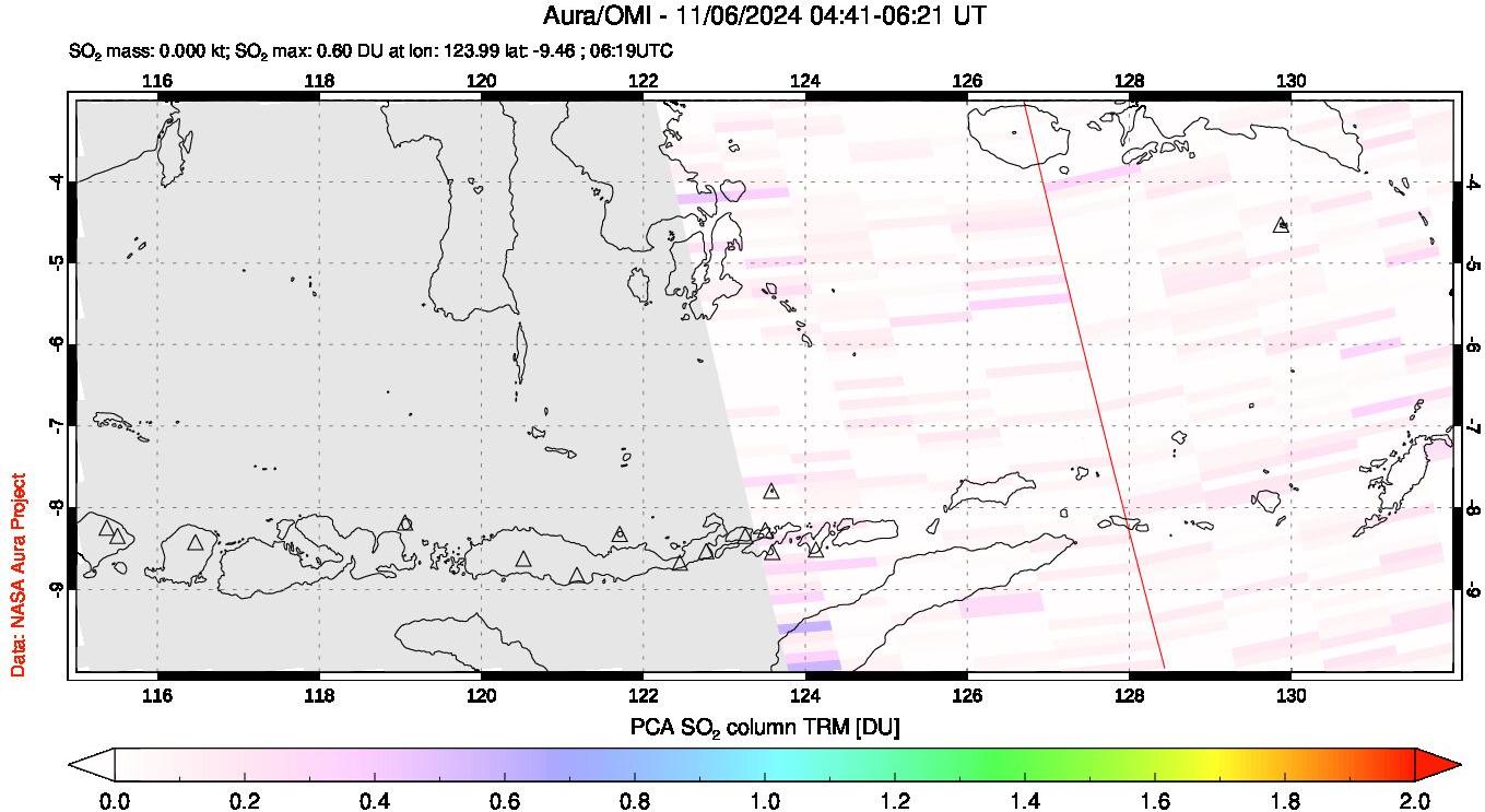 A sulfur dioxide image over Lesser Sunda Islands, Indonesia on Nov 06, 2024.
