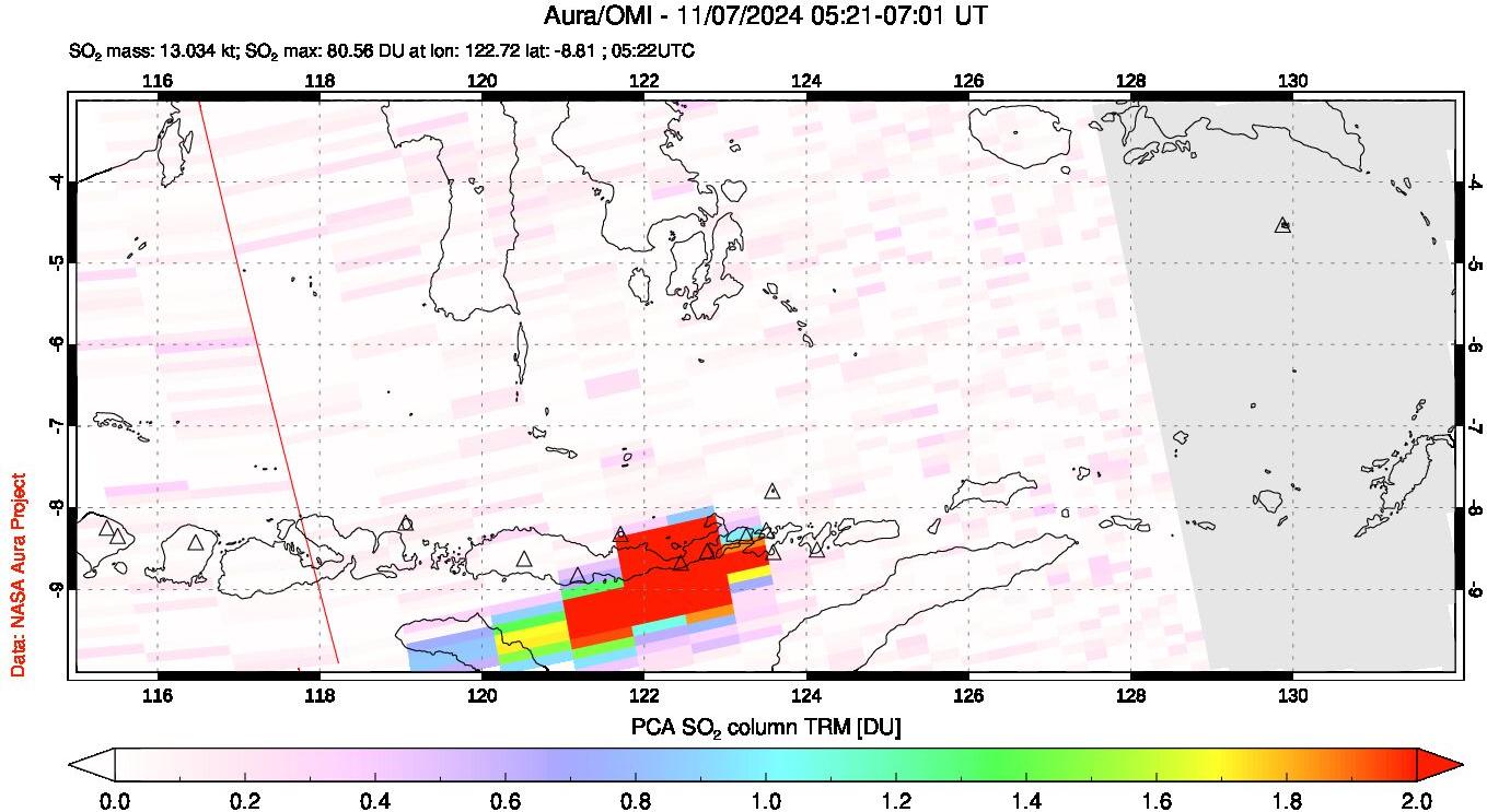 A sulfur dioxide image over Lesser Sunda Islands, Indonesia on Nov 07, 2024.