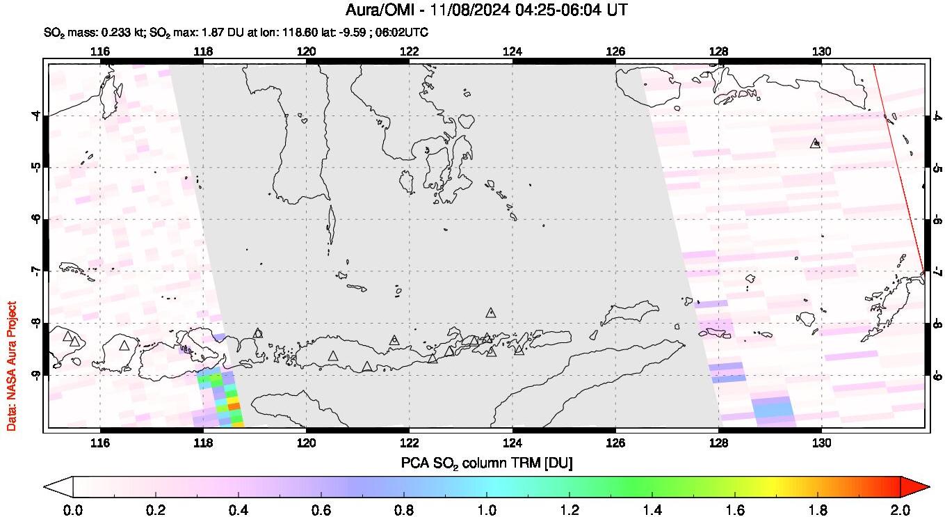 A sulfur dioxide image over Lesser Sunda Islands, Indonesia on Nov 08, 2024.