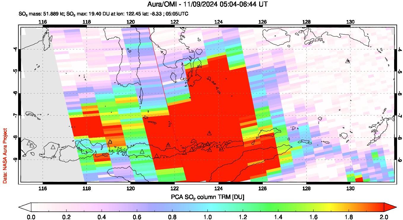 A sulfur dioxide image over Lesser Sunda Islands, Indonesia on Nov 09, 2024.