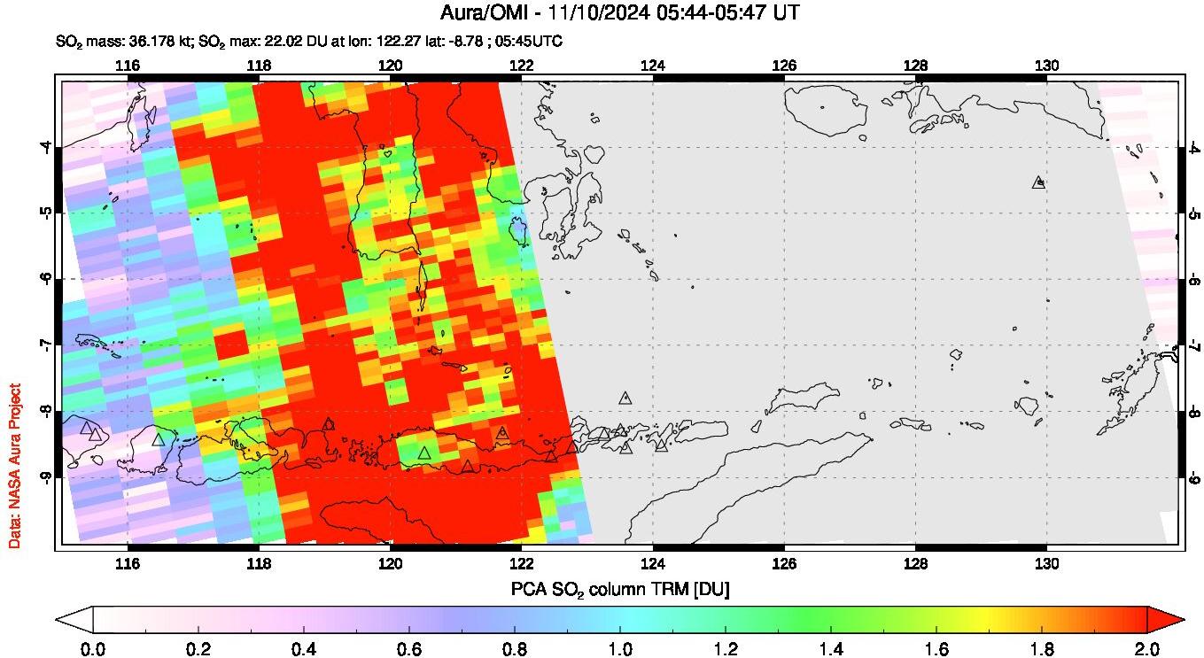 A sulfur dioxide image over Lesser Sunda Islands, Indonesia on Nov 10, 2024.