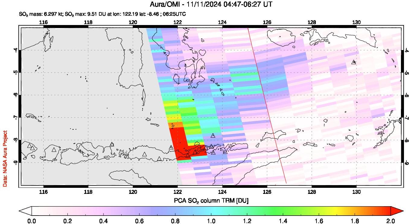 A sulfur dioxide image over Lesser Sunda Islands, Indonesia on Nov 11, 2024.