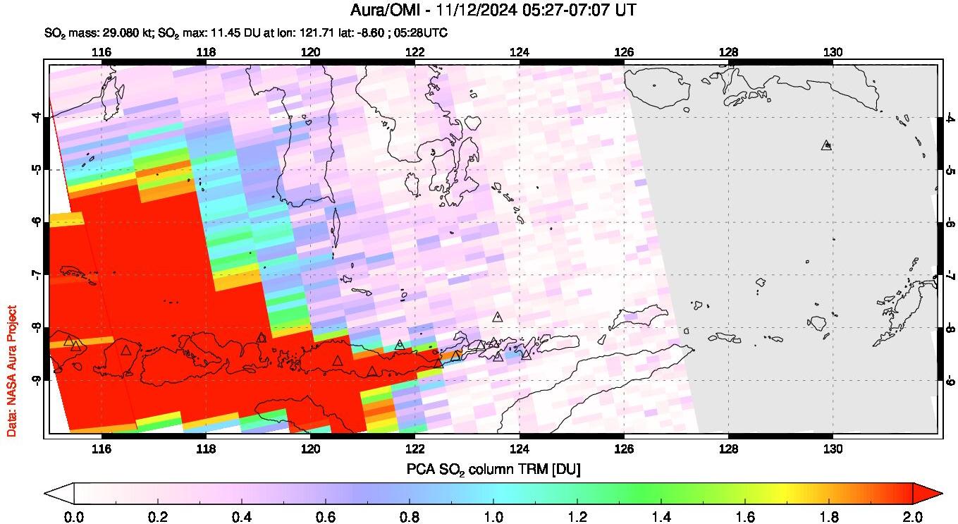 A sulfur dioxide image over Lesser Sunda Islands, Indonesia on Nov 12, 2024.