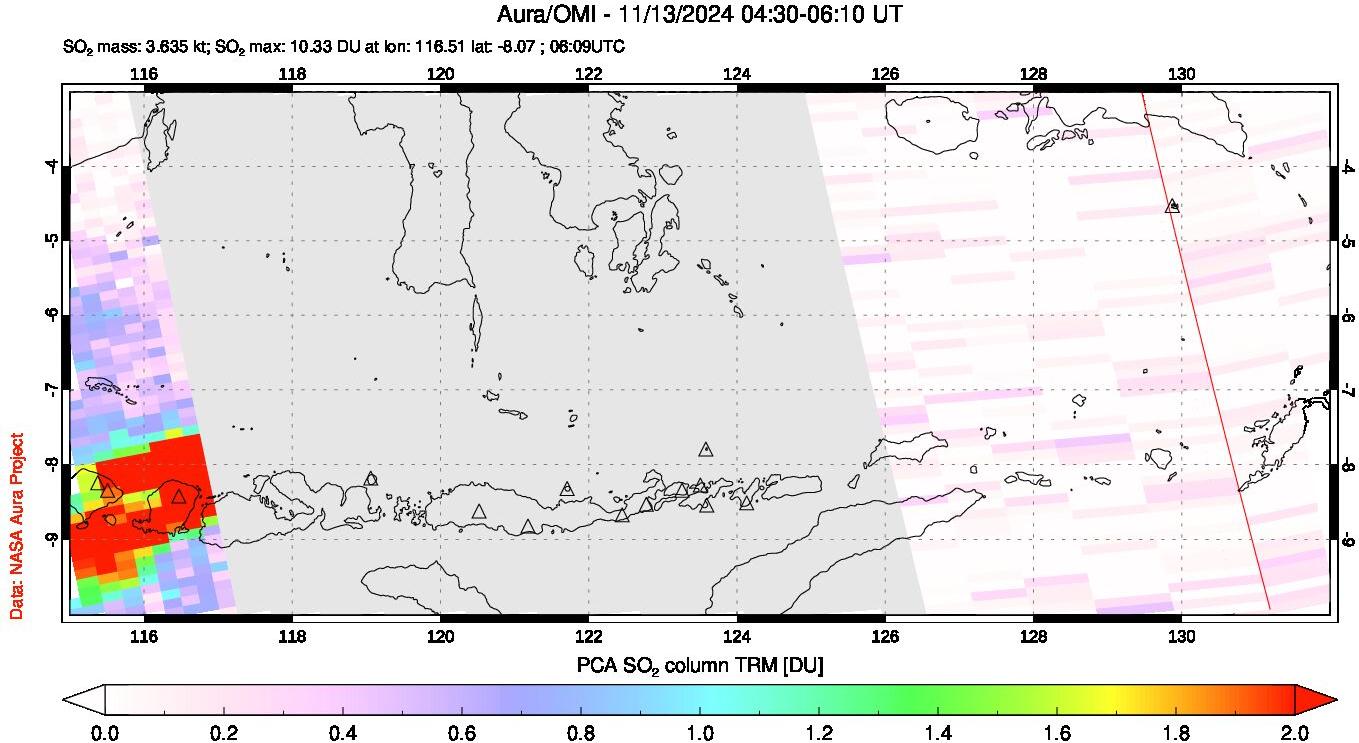 A sulfur dioxide image over Lesser Sunda Islands, Indonesia on Nov 13, 2024.