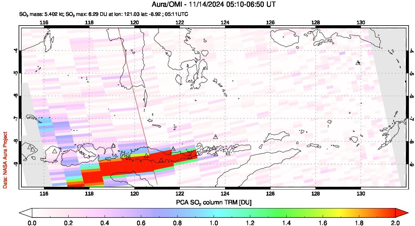 A sulfur dioxide image over Lesser Sunda Islands, Indonesia on Nov 14, 2024.