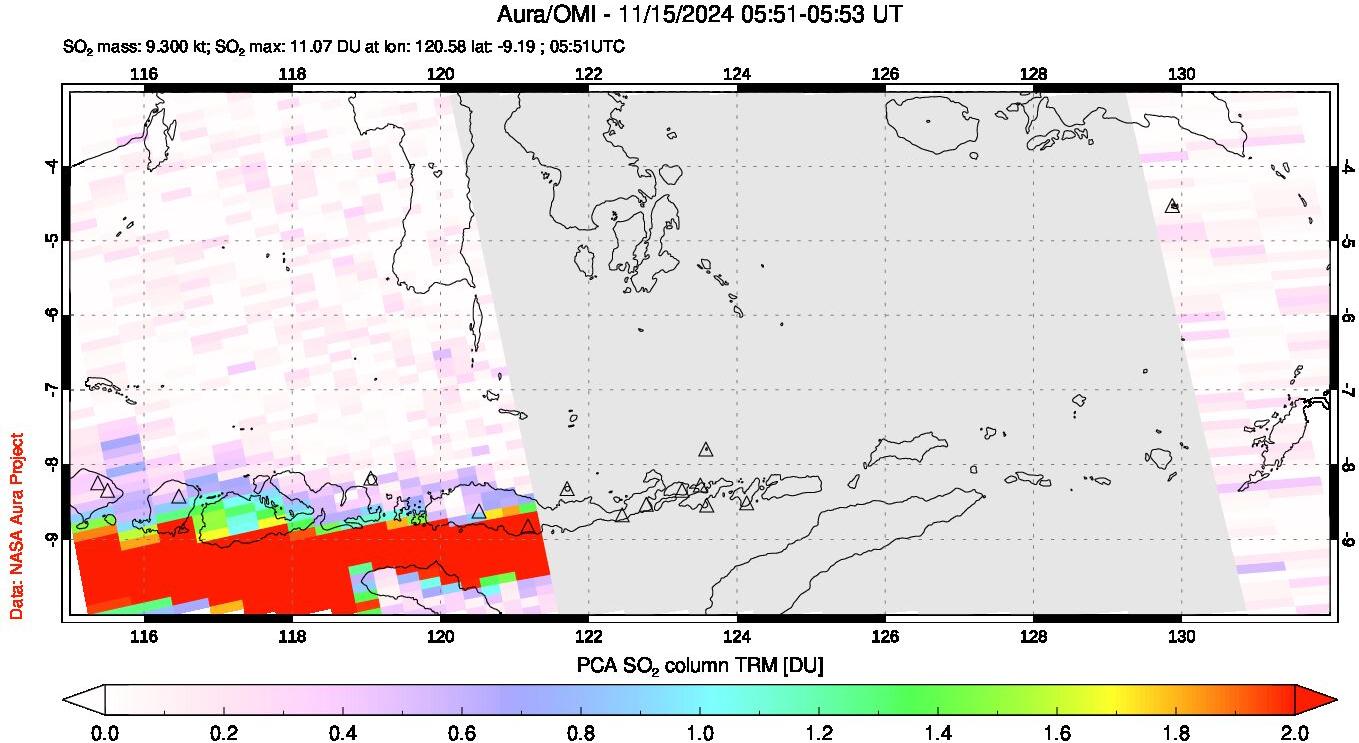 A sulfur dioxide image over Lesser Sunda Islands, Indonesia on Nov 15, 2024.