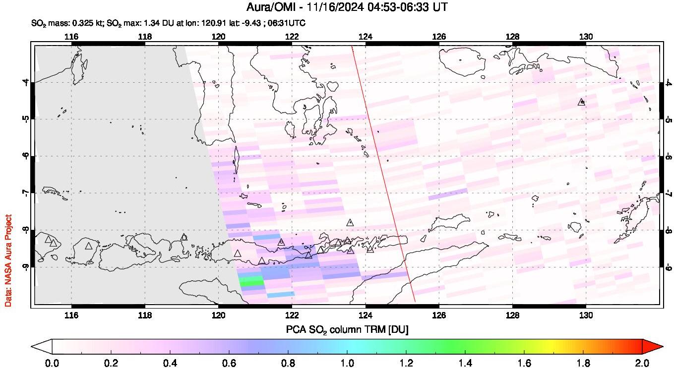 A sulfur dioxide image over Lesser Sunda Islands, Indonesia on Nov 16, 2024.