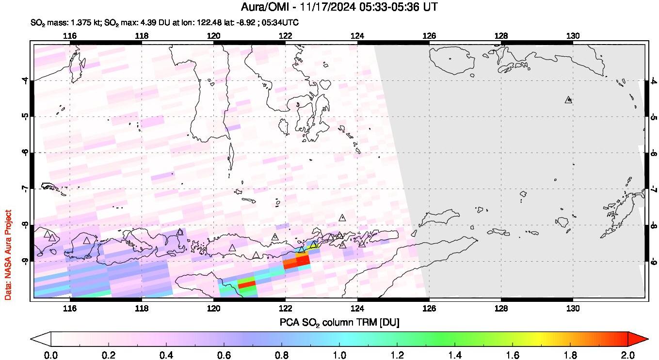 A sulfur dioxide image over Lesser Sunda Islands, Indonesia on Nov 17, 2024.