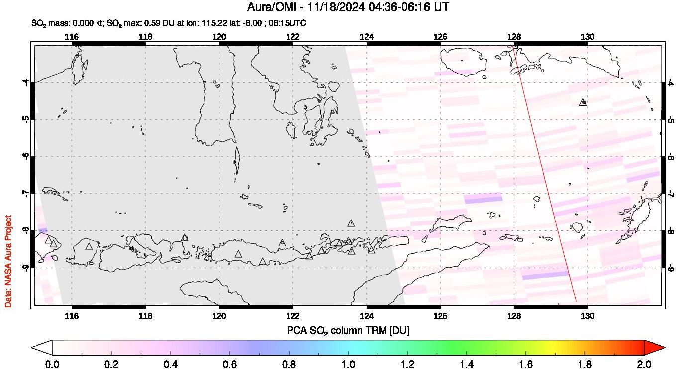 A sulfur dioxide image over Lesser Sunda Islands, Indonesia on Nov 18, 2024.