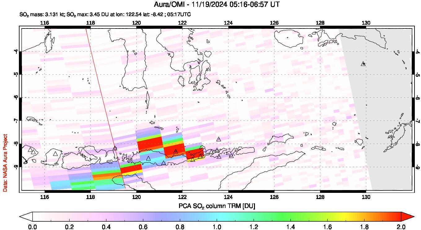 A sulfur dioxide image over Lesser Sunda Islands, Indonesia on Nov 19, 2024.