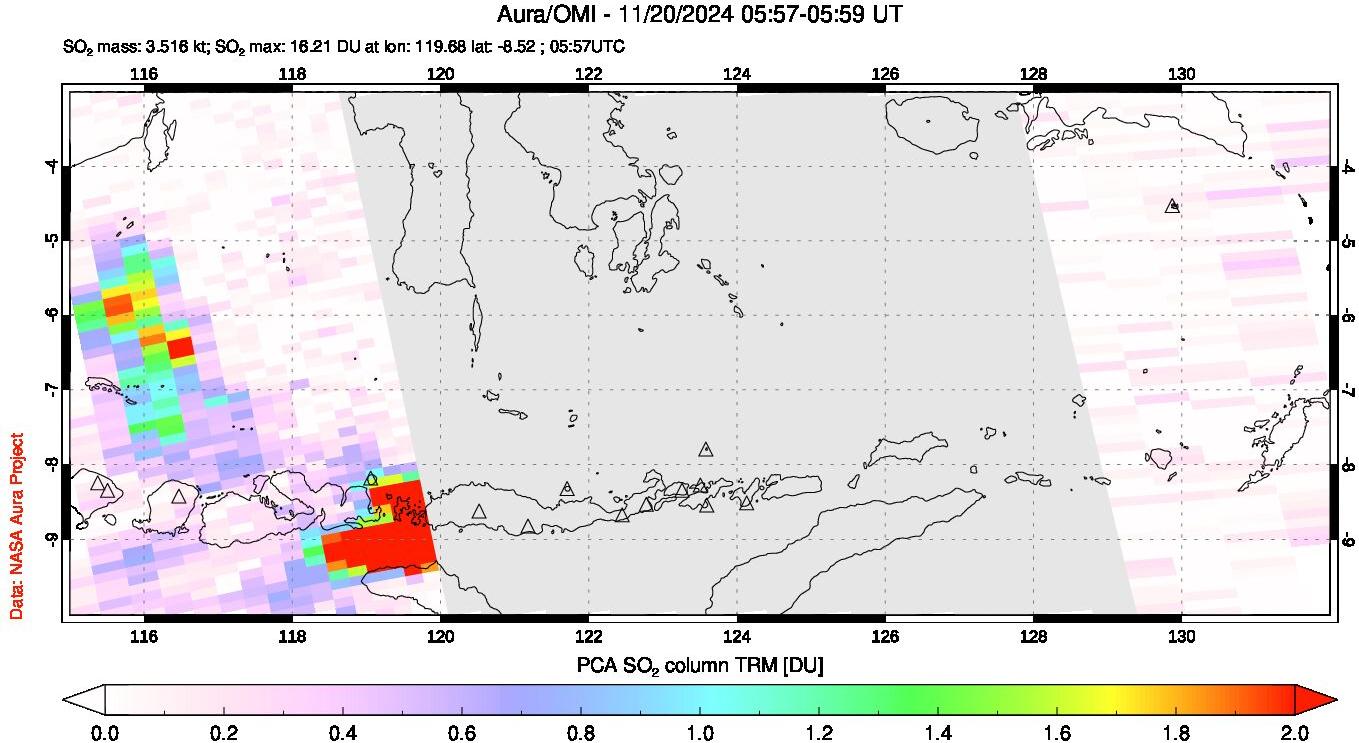 A sulfur dioxide image over Lesser Sunda Islands, Indonesia on Nov 20, 2024.