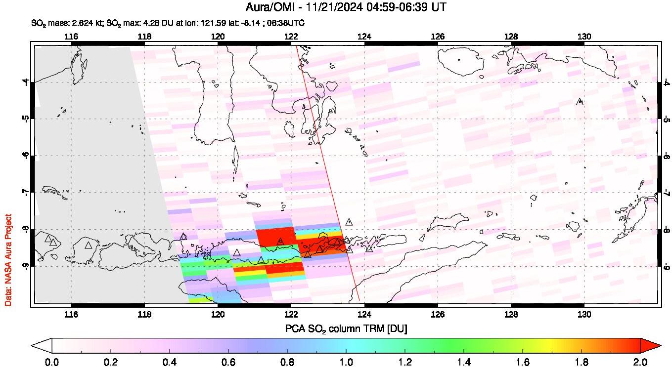 A sulfur dioxide image over Lesser Sunda Islands, Indonesia on Nov 21, 2024.