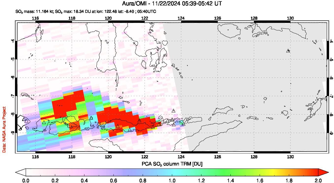 A sulfur dioxide image over Lesser Sunda Islands, Indonesia on Nov 22, 2024.